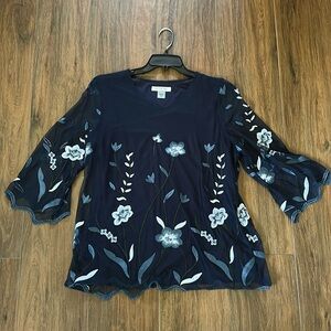 Lovely L navy tunic top with embroidered overlay by Allison Daley Dillards